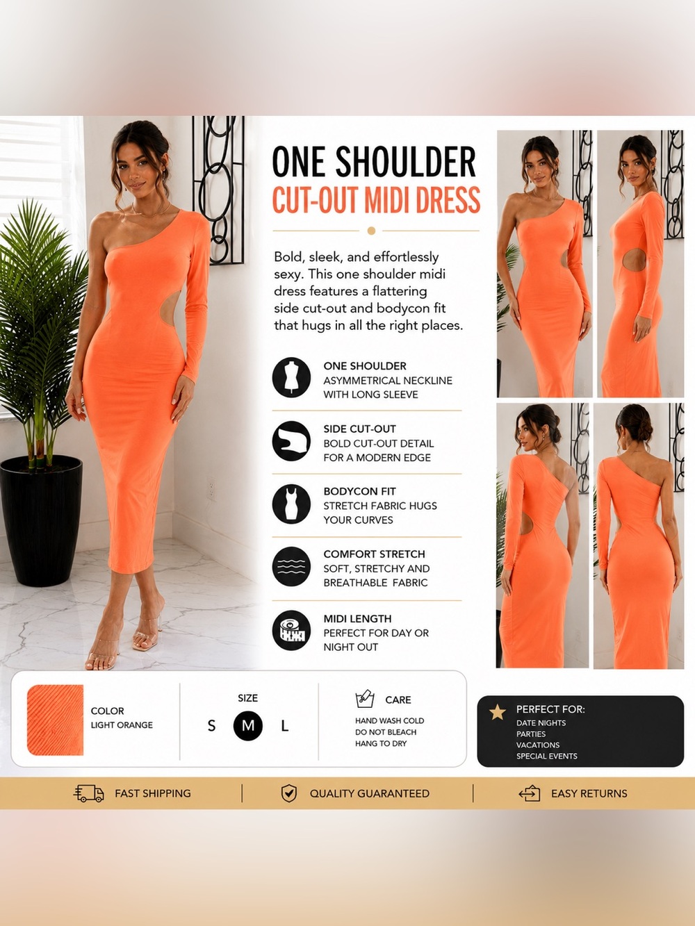 One-Shoulder Cut-Out Midi Dress in Light Orange
